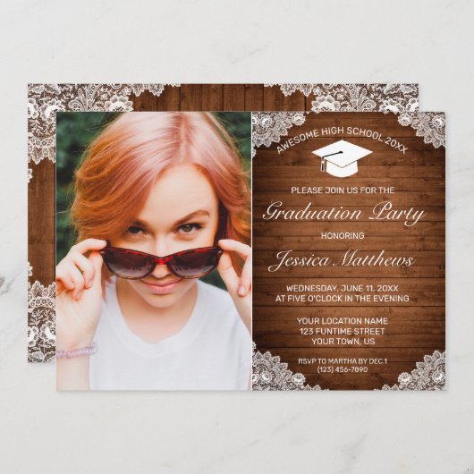 ナチュラルウッド＆ホワイトレースの卒業写真招待状 招待状 (正面/裏面)
