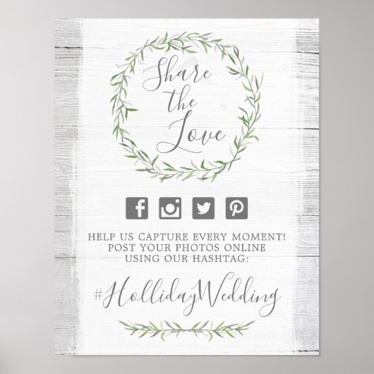 ナチュラルウッド＆リースの結婚式ハッシュタグ写真サイン ポスター (正面)
