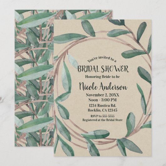 ナチュラルクラフト植物リースの葉のブライダルシャワー 招待状 (正面/裏面)