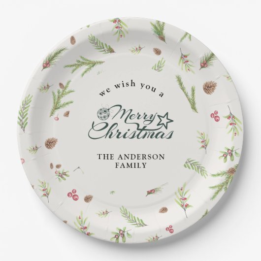 ナチュラルクリスマスミニマル植物学エレガント紙 ペーパープレート (正面)