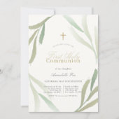 ナチュラルグリーンの葉飾りが彩る初めての聖体拝領 招待状 (正面)