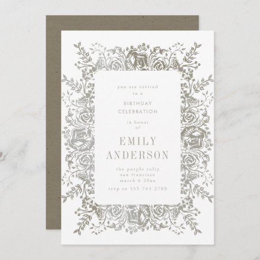 ナチュラルグレイフローラ誕生日招待状 招待状 (正面/裏面)
