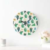ナチュラルサボテン：フォークアートシームレス。 ラージ壁時計 (ホーム)