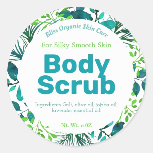 ナチュラルスタイルの葉グリーンブルー体スクラブラベル ラウンドシール (正面)