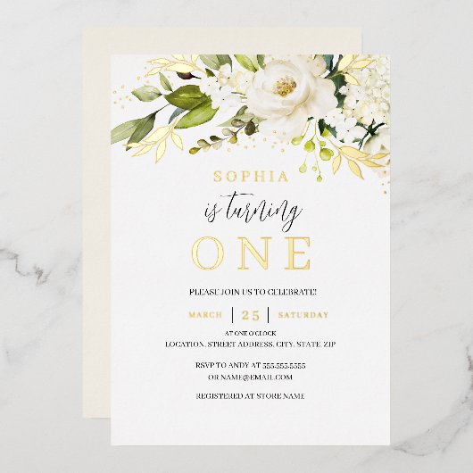 ナチュラルソフトクリームホワイトフローラガール1st誕生日 箔招待状 (正面/裏面)