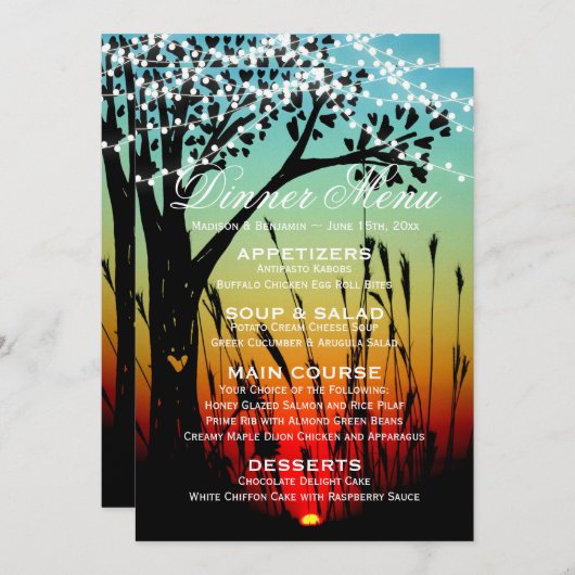 ナチュラルツリーライトサンセットウェディングディナーメニュー 招待状 (正面/裏面)