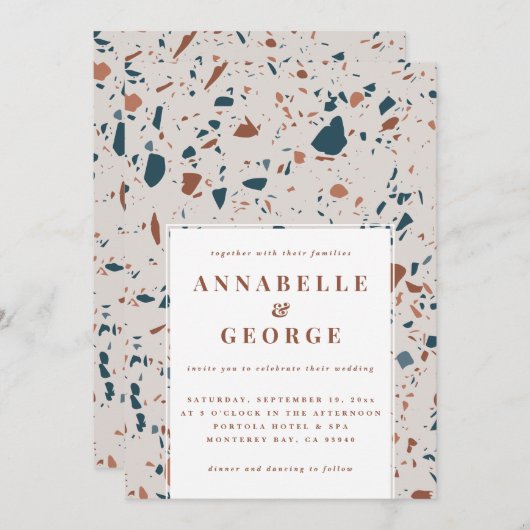 ナチュラルテラゾモダン結婚タイポグラフィの発表 案内状 (正面/裏面)