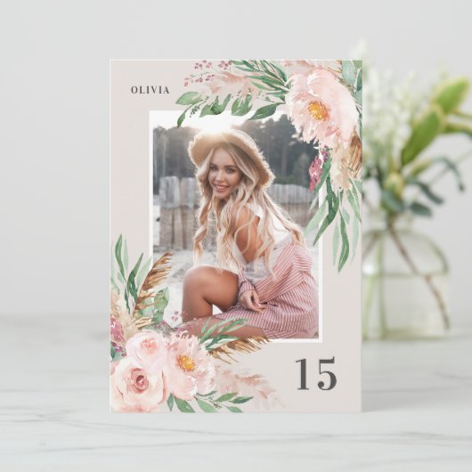 ナチュラルピンクガーリーのモダンフローラ誕生日 招待状 (スタンド正面)