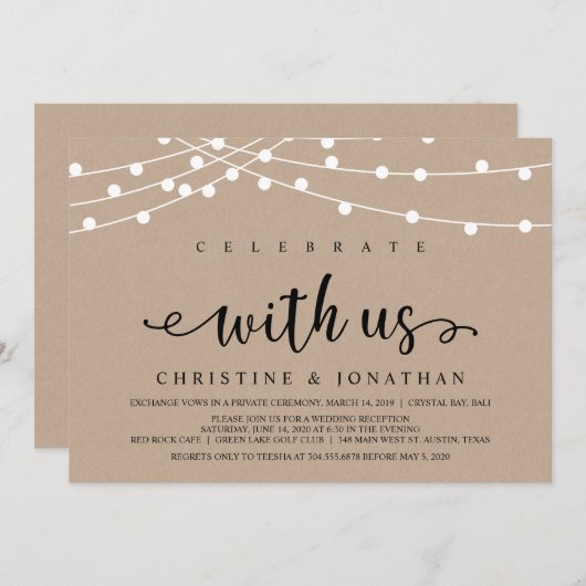ナチュラルファームストリングライト, クラフト紙の結婚式の挙式 招待状 (正面/裏面)