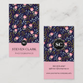 ナチュラルフラワーイラスト/モノグラム（ピンク） 名刺 (正面/裏面)