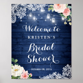 ナチュラルブルーのガーランドライト付きフラワーブライダルシャワーサイン ポスター