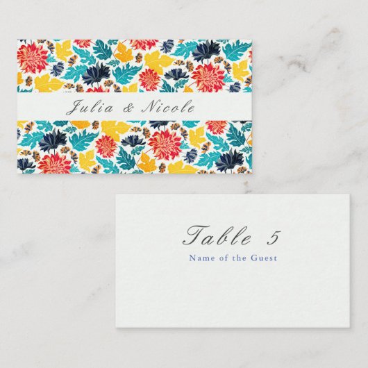 ナチュラルブルーイエローウォーター色ひまわり結婚の花 プレイスカード (正面/裏面)