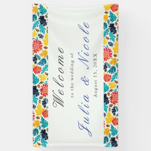 ナチュラルブルーイエローウォーター色ひまわり結婚の花 横断幕 (縦)