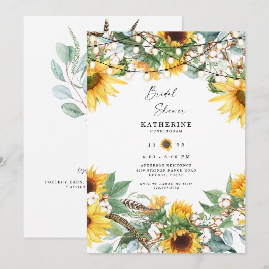 ナチュラルラッシュひまわりブーケストリングライト 招待状 (正面/裏面)