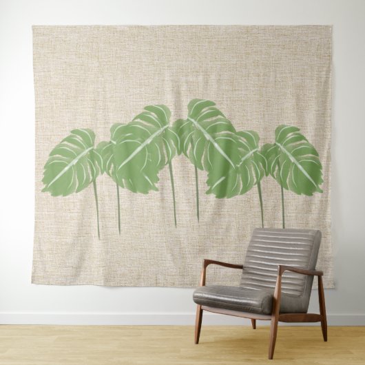 ナチュラルリネンテクスチャモンステラ葉水彩 タペストリー (インサイチュ(横))