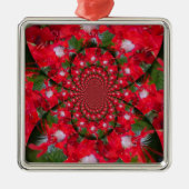 ナチュラルレッドフラワーホワイトフェザー万華鏡のように千変万化するパターンアート メタルオーナメント (正面)