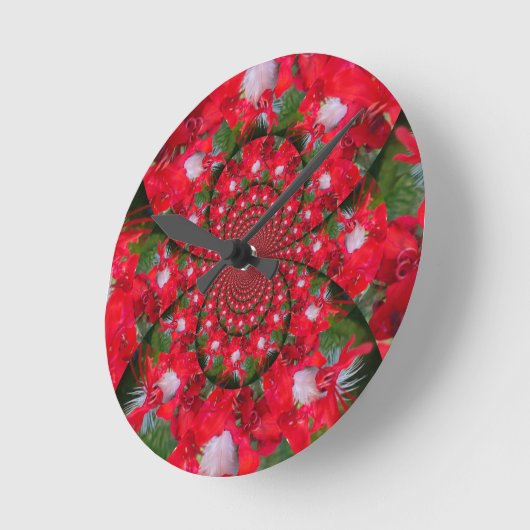 ナチュラルレッドフラワーホワイトフェザー万華鏡のように千変万化するパターンアート ラウンド壁時計 (傾斜)