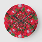 ナチュラルレッドフラワーホワイトフェザー万華鏡のように千変万化するパターンアート ラウンド壁時計 (正面)