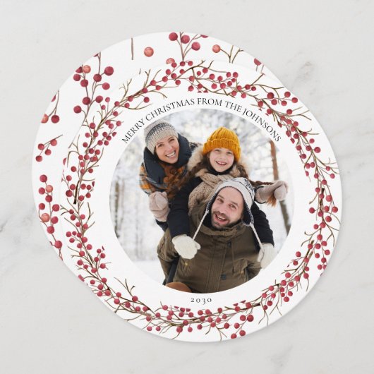 ナチュラルレッドベリーフラットラウンドフォトホリデーカード シーズンカード (正面/裏面)