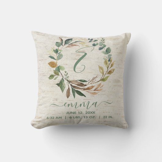 ナチュラル樺の木グリーンリースベビー誕生統計 クッション (正面)
