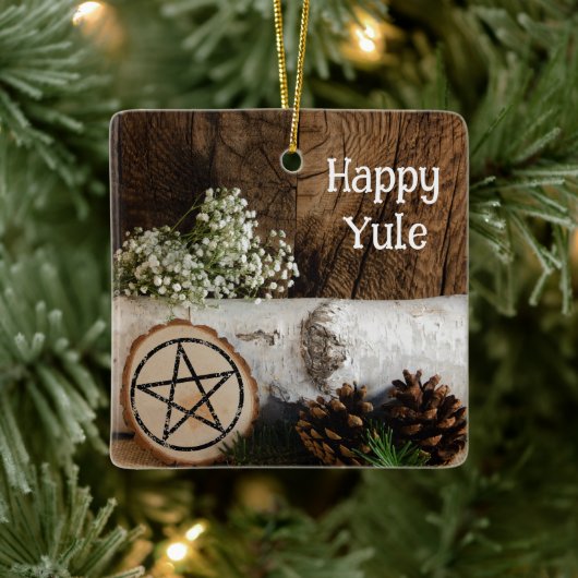 ナチュラル樺の木ツリーログ&パインコーンハッピーユール（キリスト降誕祭） セラミックオーナメント (ツリー)