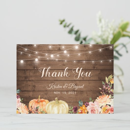 ナチュラル オータム パンプキン フローラル ストリング ライト サンキューカード (スタンド正面)