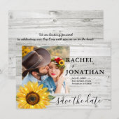 ナチュラル サンフラワー ホワイト ウッド フォト ウェディング セーブザデート (正面/裏面)