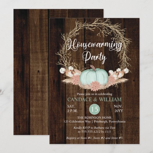 ナチュラル パンプキンパンパスリース  新築祝いパーティー 招待状 (正面/裏面)