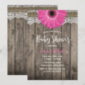ナチュラル ピンク デイジー フラワー ホワイトレース ベビーシャワー 招待状 (正面/裏面)