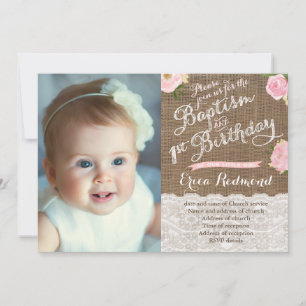 ナチュラル ピンク フラワー 洗礼 1歳 誕生日パーティー 招待状