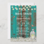 ナチュラル フラワー & ランタン ティール ウッド ブライダル シャワー 招待状 (正面)