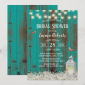 ナチュラル フラワー & ランタン ティール ウッド ブライダル シャワー 招待状 (正面/裏面)