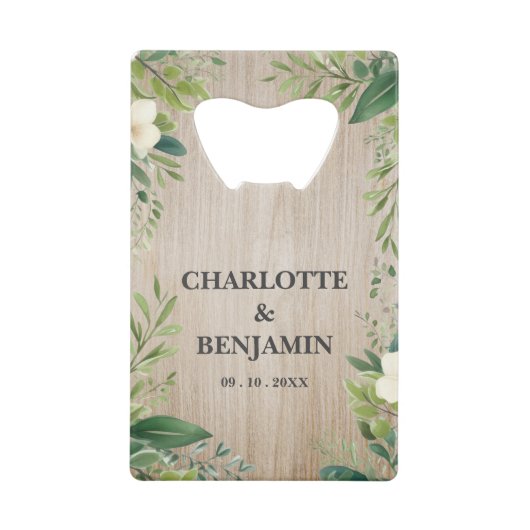 ナチュラル フローラル リーフ ボーダー ウッド ウェディング フェイバー クレジットカード栓抜き (正面)