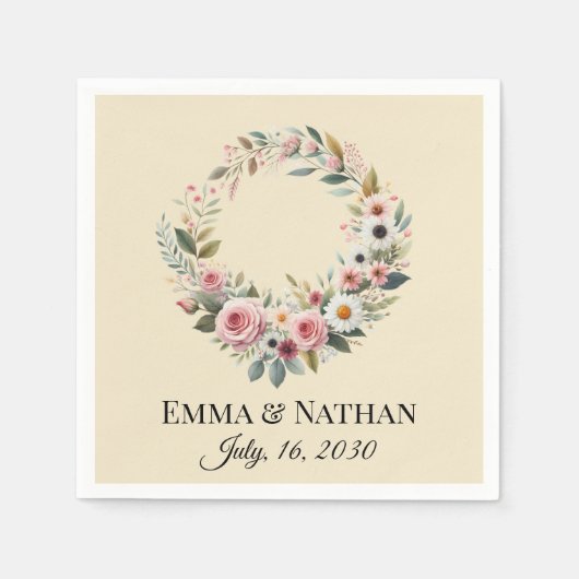 ナチュラル　ボヘミアンフラワー　ウォーターカラー　ウェディング　ナプキン スタンダードカクテルナプキン (正面)