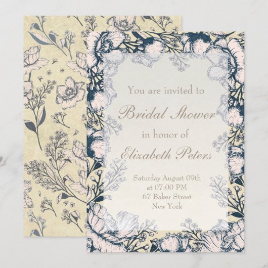 ナチュラル ヴィンテージ フラワー ウェディング ブライダル シャワー 招待状 (正面/裏面)