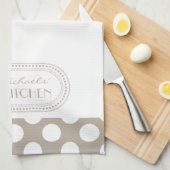 ナチュラル |白色水玉模様パターンモノグラム キッチンタオル (四つ折り)