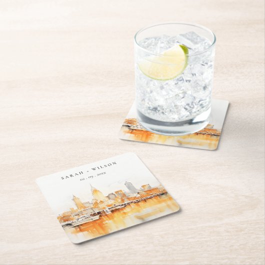 ナッシュビルエレガントシティスカイラインウォーターカラー結婚ズ スクエアペーパーコースター (インサイチュ)