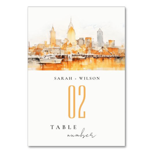 ナッシュビルエレガントシティスカイラインウォーターカラー結婚ズ テーブルナンバー (正面)