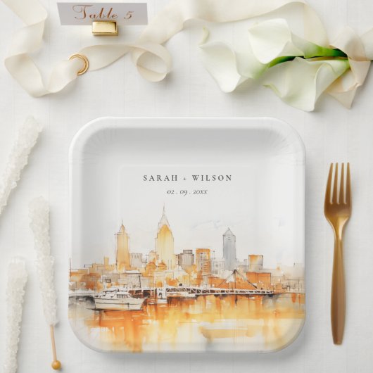 ナッシュビルエレガントシティスカイラインウォーターカラー結婚ズ ペーパープレート (ウェディング)