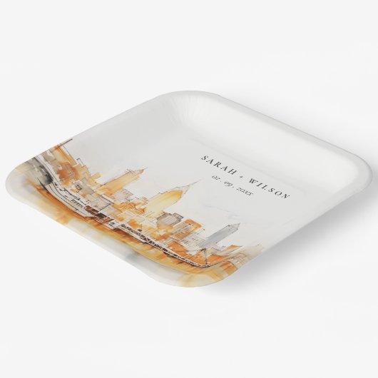 ナッシュビルエレガントシティスカイラインウォーターカラー結婚ズ ペーパープレート (傾斜あり)