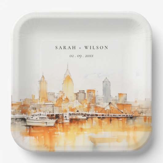 ナッシュビルエレガントシティスカイラインウォーターカラー結婚ズ ペーパープレート (正面)
