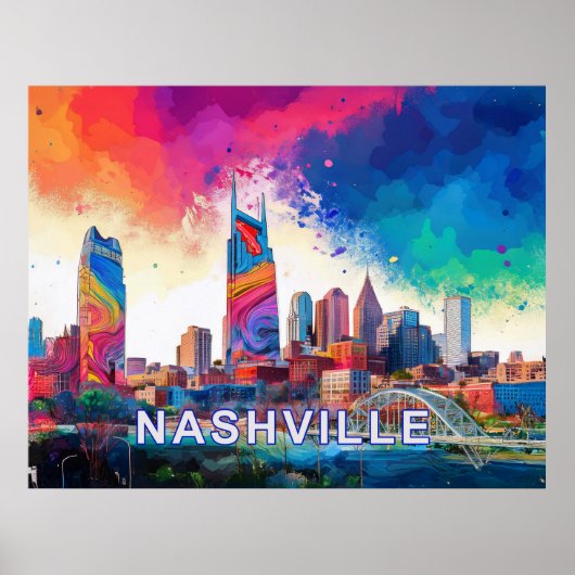 ナッシュビルスカイラインカラフルグラフィティアーバンアート ポスター (正面)