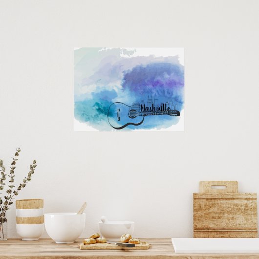ナッシュビルスカイラインギターウォーターカラーデザイン ポスター (キッチン)