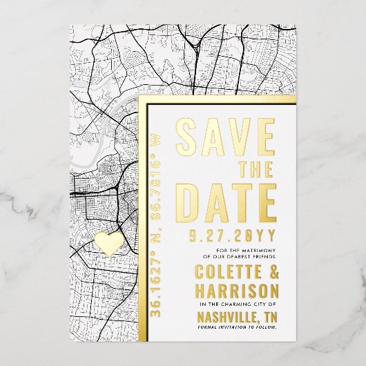 ナッシュビルラブロケーター |結婚式の日付の保存 箔招待状 (正面)