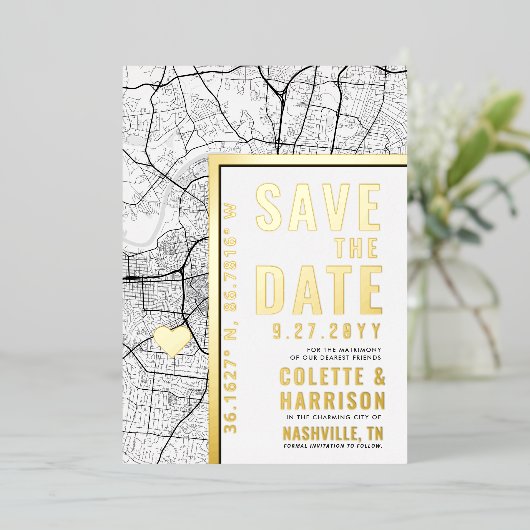 ナッシュビルラブロケーター |結婚式の日付の保存 箔招待状 (立ち正面)