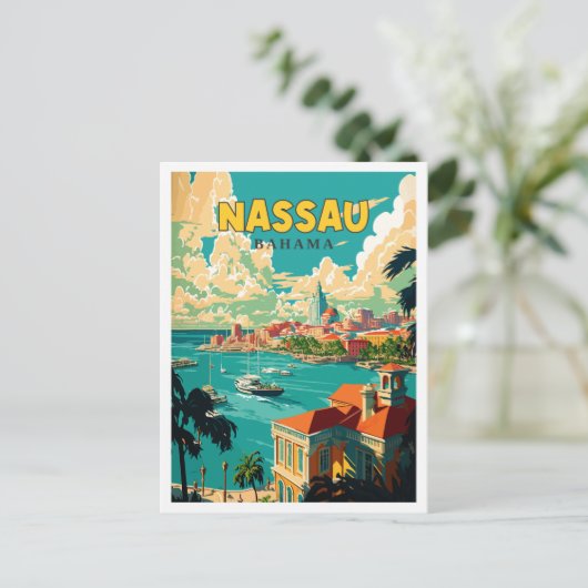 ナッソーバハマヴィンテージ旅行イラストレーション ポストカード (スタンド正面)