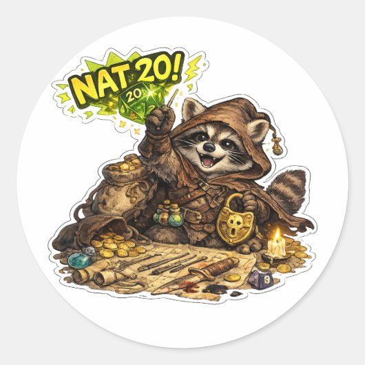 ナット20ダイス収集アライグマRPGステッカー ラウンドシール (正面)