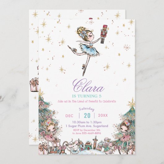 ナツクラッカーシュガープラムフェアリークリスマス誕生日 招待状 (正面/裏面)