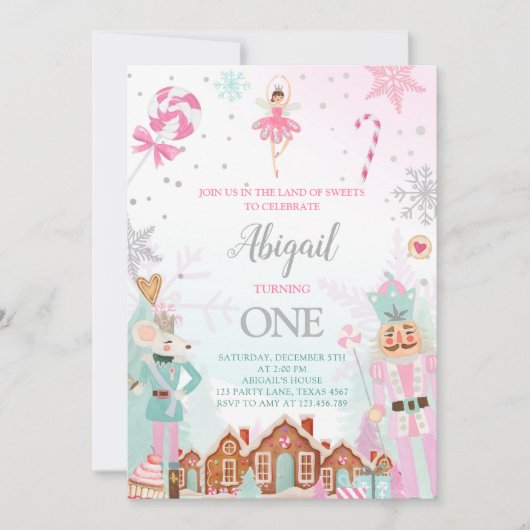 ナツクラッカー誕生日ガールランドオブスイーツフェアリーピンク 招待状 (正面)