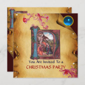 ナティビティ モノグラム クリスマス パーチメント 青い宝石 招待状 (正面/裏面)